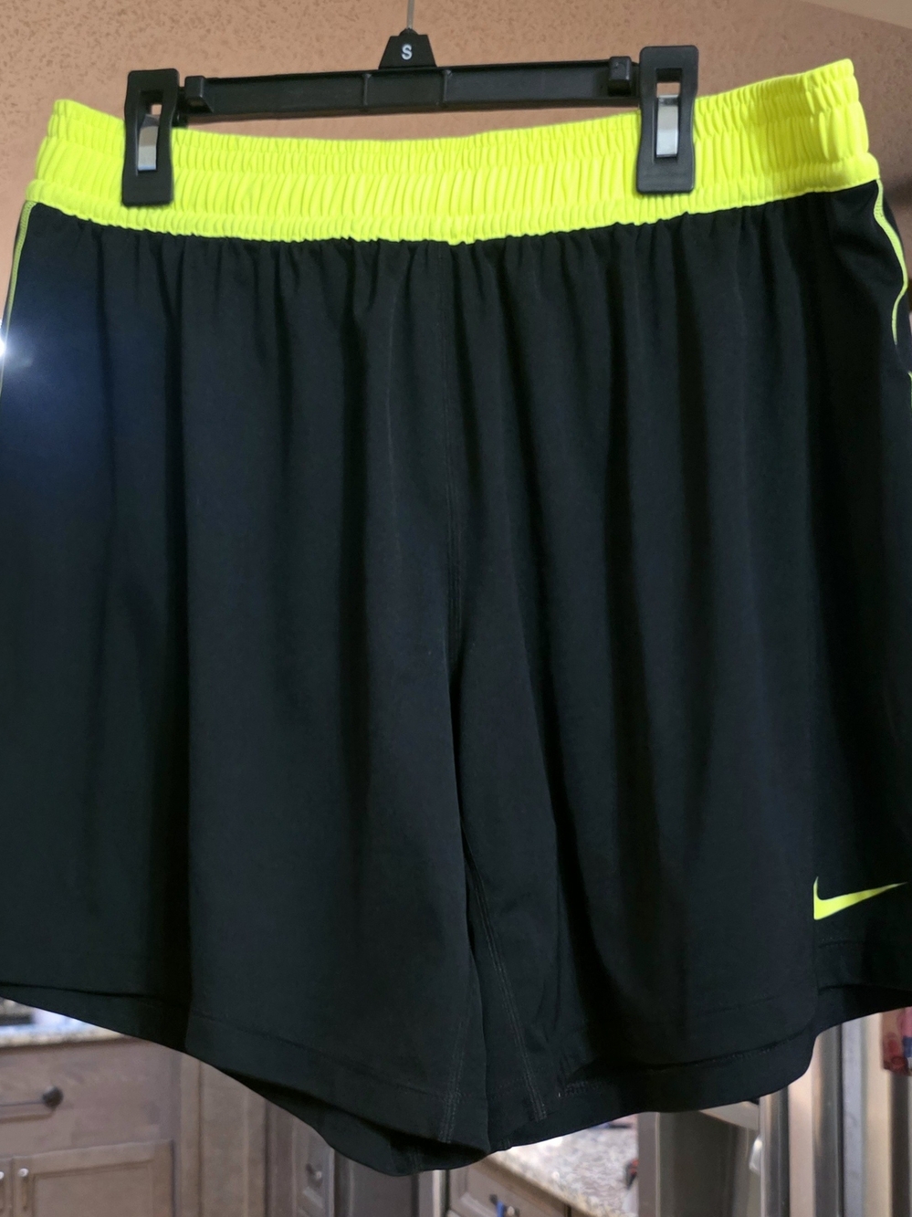 Nike Women's Black Athletic Shorts with Neon Yellow Waistband Large